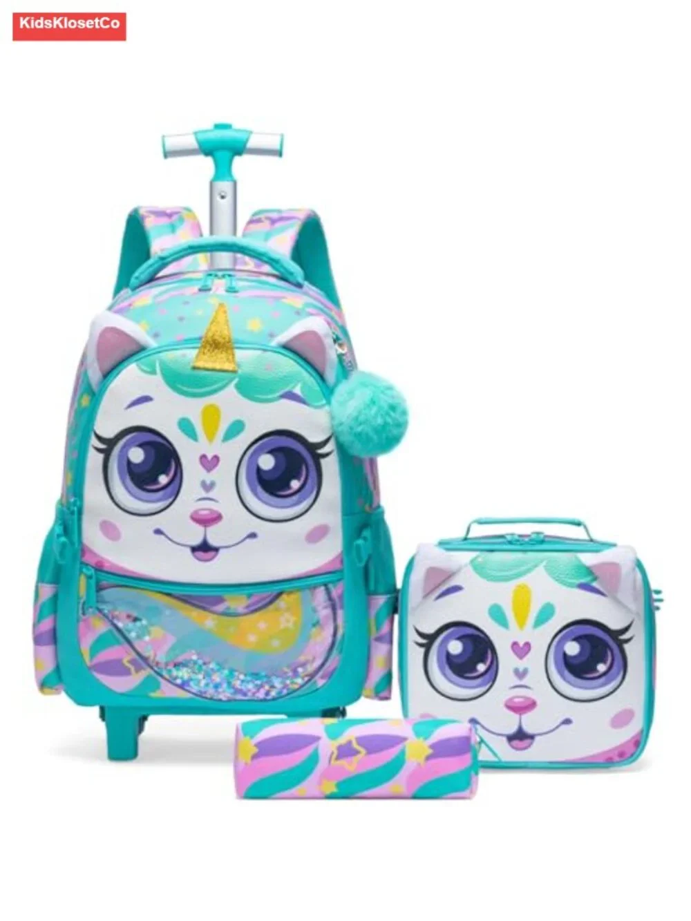 Kids Rolling Backpack with Wheels 3-Piece Set Trolley Luggage for Girls School